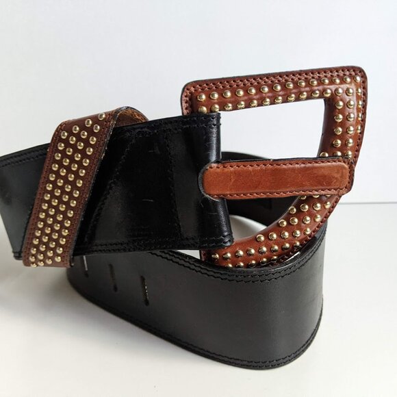 LYNN LERNER Vintage Wide Black Leather Belt with Gold Mini Metal Studs Italy